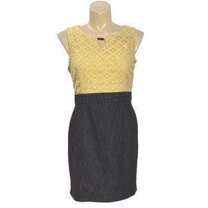ALYX 16 Sheath Dress Washable Blue Denim Light Yellow Lace Overlay Keyhole Front